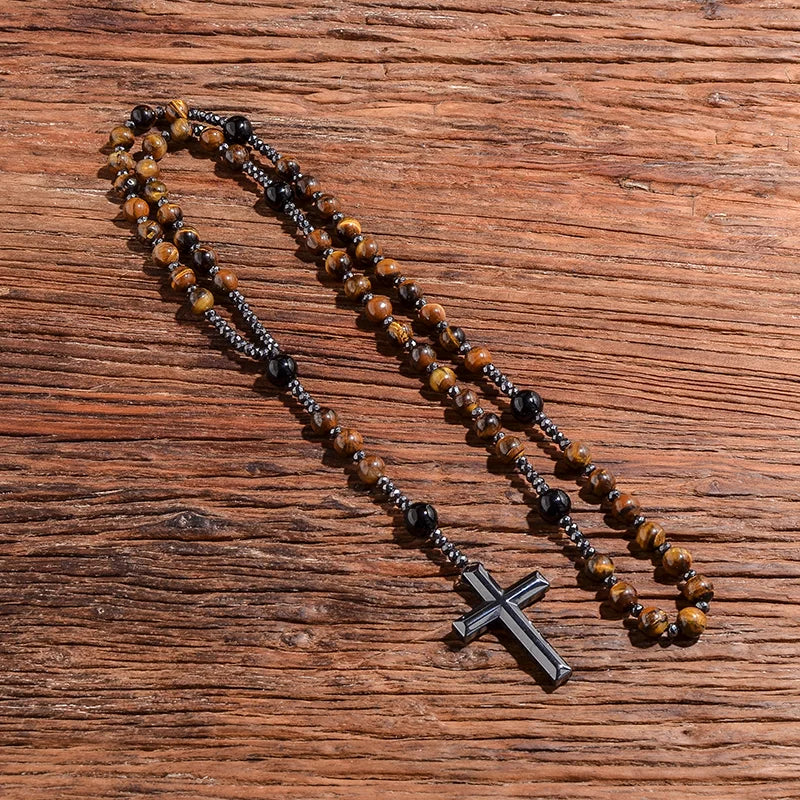 Collier Chapelet en Oeil de Tigre & Agate Noire – Croix Hématite pour Méditation & Foi