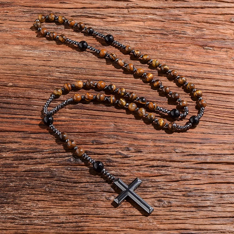 Collier Chapelet en Oeil de Tigre & Agate Noire – Croix Hématite pour Méditation & Foi