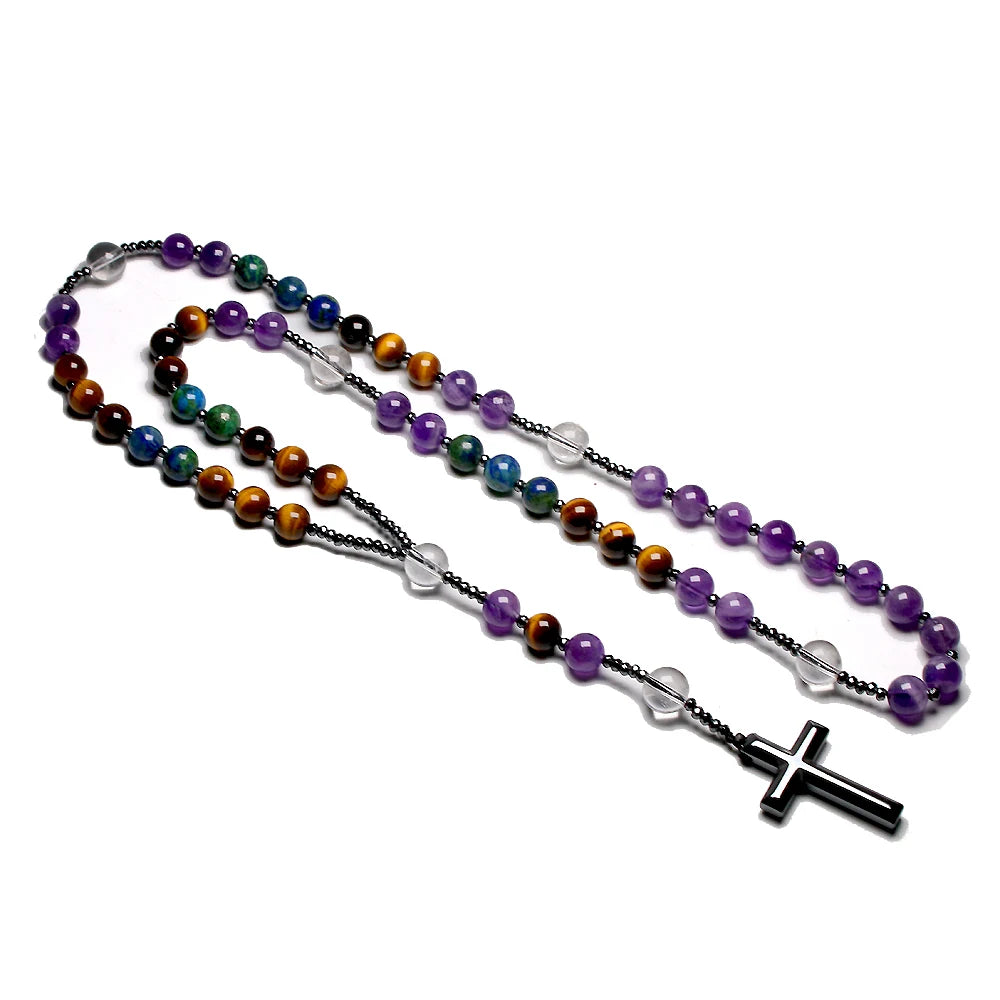 Collier Rosaire Catholique en Améthyste Naturelle avec Œil de Tigre et Croix en Hématite