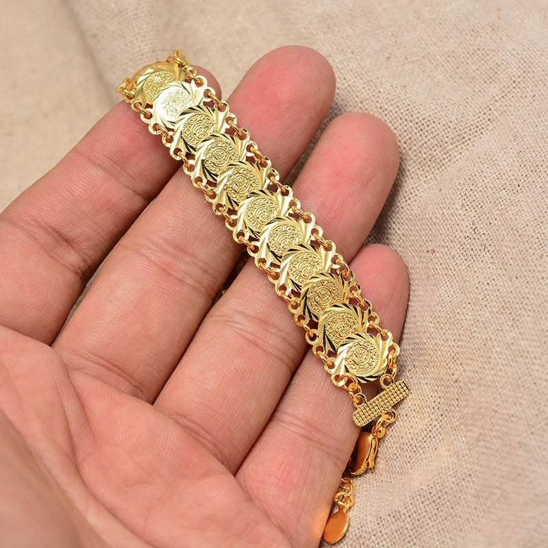 Bracelet / jonc couleur or avec pièces de monnaie pour femmes et hommes, bijou islamique musulman arabe, style Moyen-Orient, cadeau africain.
