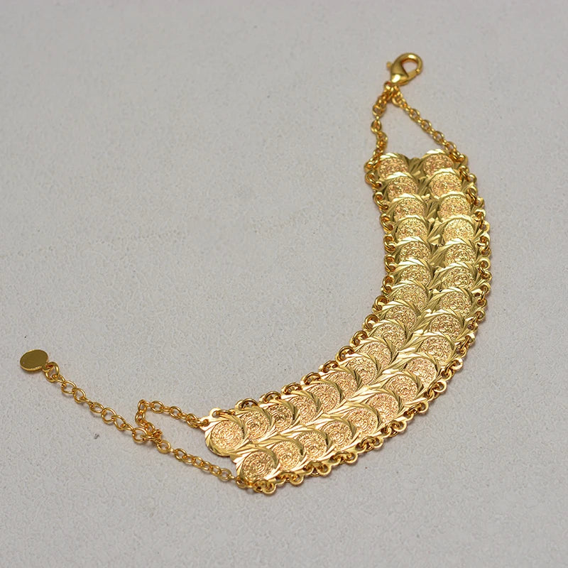 Bracelet / jonc couleur or avec pièces de monnaie pour femmes et hommes, bijou islamique musulman arabe, style Moyen-Orient, cadeau africain.