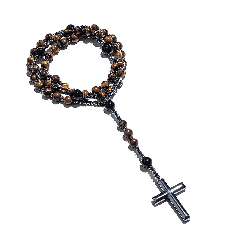 Collier Chapelet en Oeil de Tigre & Agate Noire – Croix Hématite pour Méditation & Foi