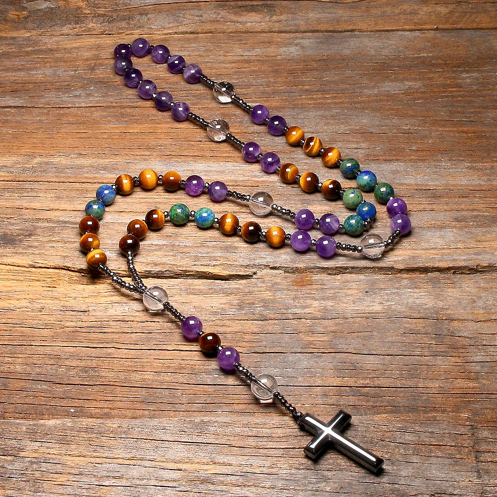 Collier Rosaire Catholique en Améthyste Naturelle avec Œil de Tigre et Croix en Hématite