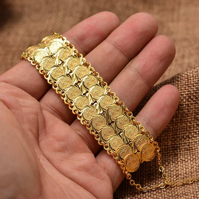 Bracelet / jonc couleur or avec pièces de monnaie pour femmes et hommes, bijou islamique musulman arabe, style Moyen-Orient, cadeau africain.