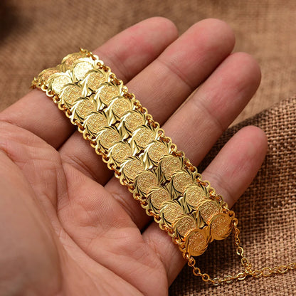 Bracelet / jonc couleur or avec pièces de monnaie pour femmes et hommes, bijou islamique musulman arabe, style Moyen-Orient, cadeau africain.
