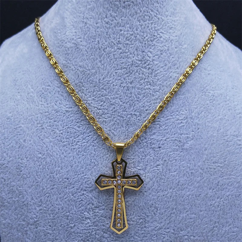 Collier catholique doré avec pendentif croix en cristal – Acier inoxydable, femme et homme