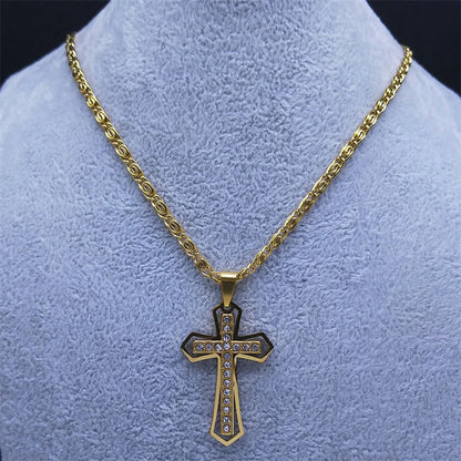 Collier catholique doré avec pendentif croix en cristal – Acier inoxydable, femme et homme