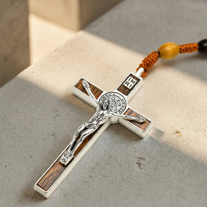 Collier chapelet catholique homme VNOX – Perles de bois marron et croix crucifix