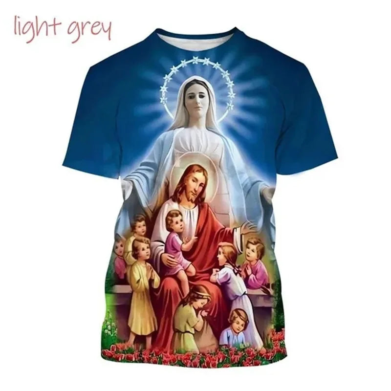 T-Shirt Vierge Marie & Jésus – Impression 3D, Unisexe, Oversize