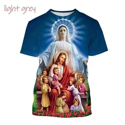 T-Shirt Vierge Marie & Jésus – Impression 3D, Unisexe, Oversize