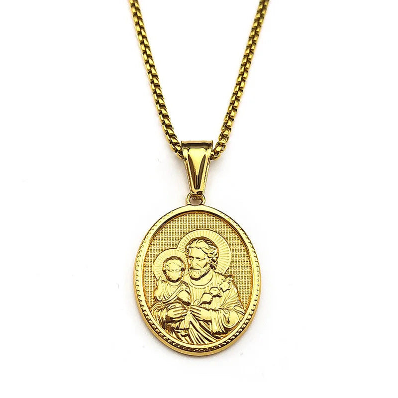 Collier médaille Saint Joseph en acier inoxydable doré – bijou chrétien