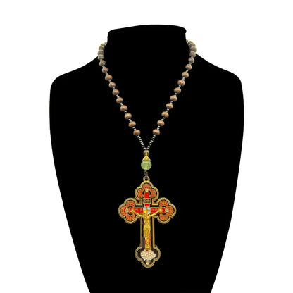 Collier crucifix orthodoxe en bois avec chapelet – bijou religieux