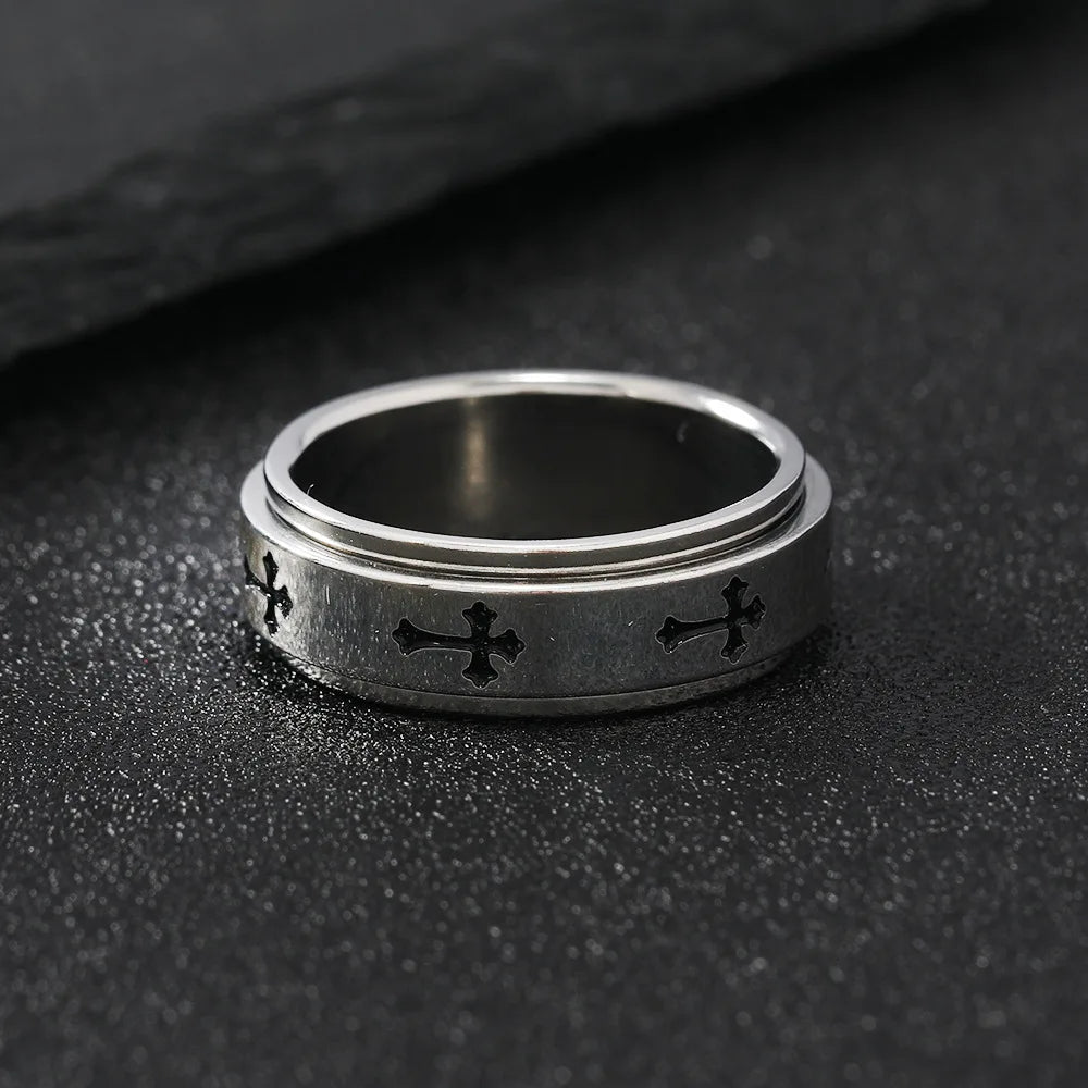 Bague croix rotative en acier inoxydable – bijou chrétien unisexe