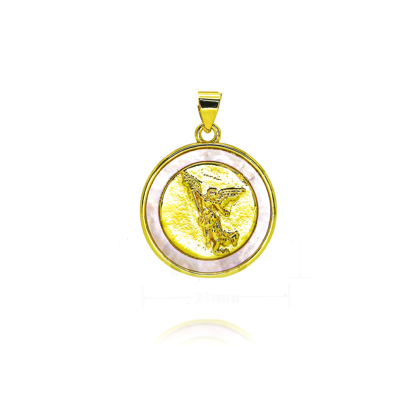 Pendentif Archange Saint Michel Doré – Médaille Religieuse Catholique avec Bord Coquillage et Zircons