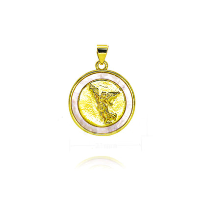 Pendentif Archange Saint Michel Doré – Médaille Religieuse Catholique avec Bord Coquillage et Zircons