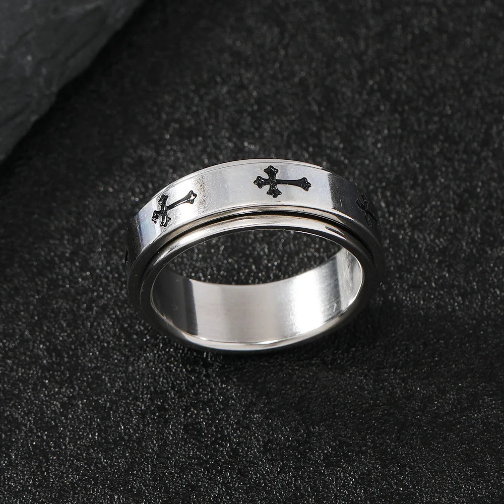 Bague croix rotative en acier inoxydable – bijou chrétien unisexe