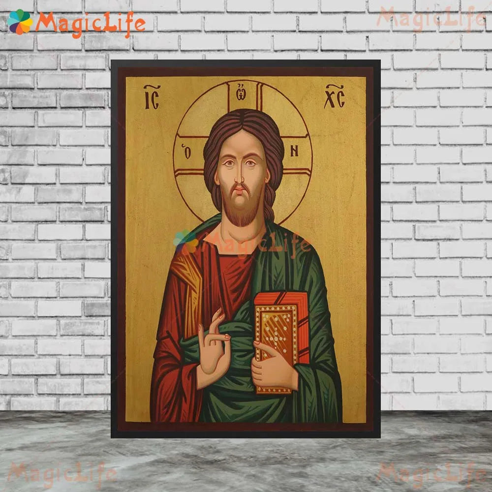 Icône religieuse du Christ Pantocrator – Tableau orthodoxe sur toile sans cadre pour église et décoration murale