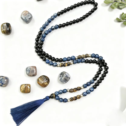 Collier Mala 108 Perles Œil de Tigre & Onyx Noir – 8 mm Unisexe