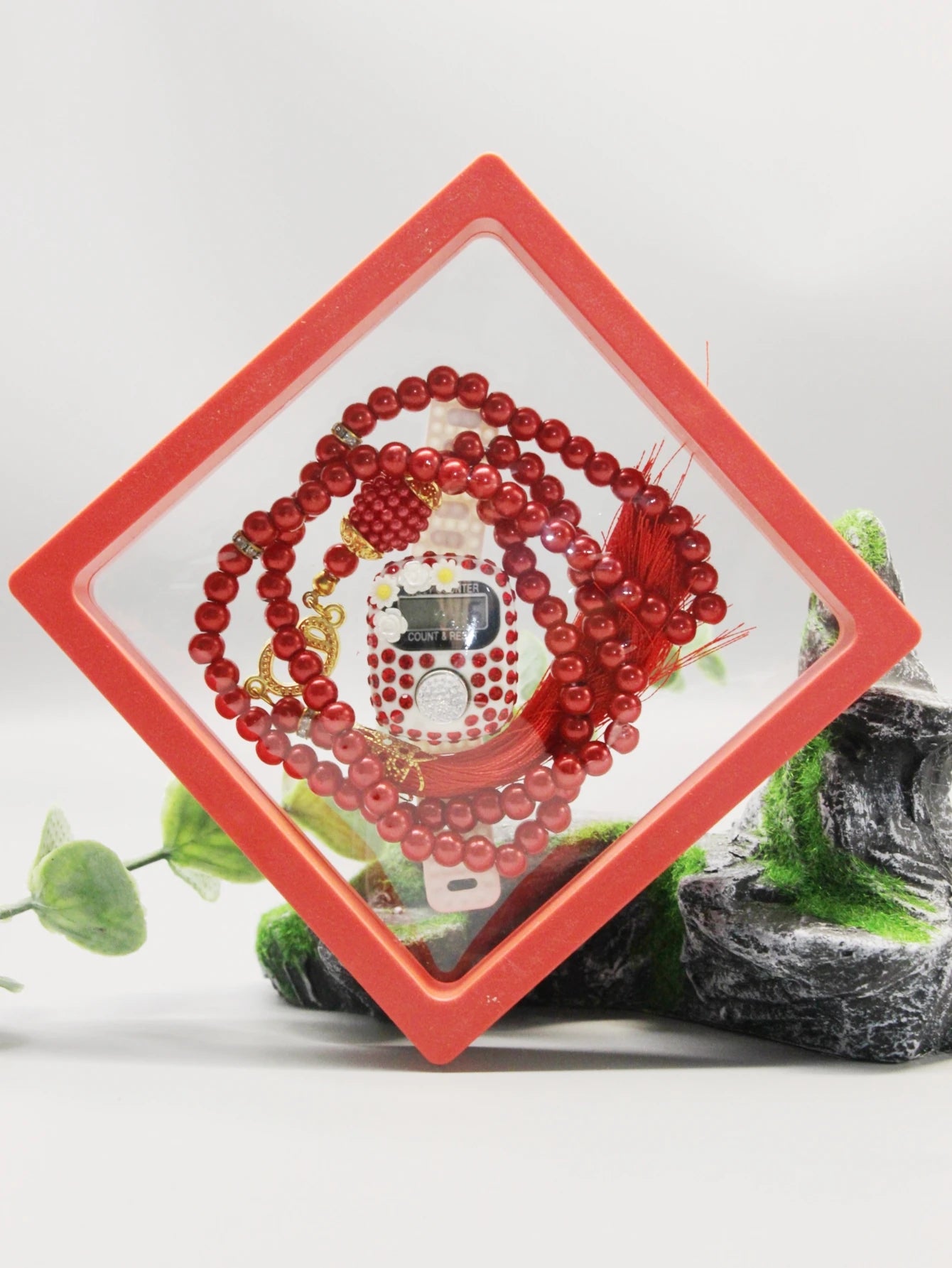 Set tasbih cristal 99 perlas + contador islámico – Cofre de regalo transparente