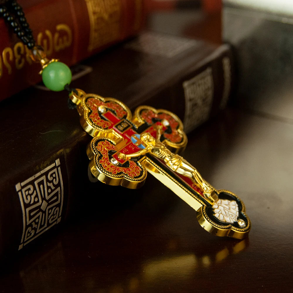 Collier crucifix orthodoxe en bois avec chapelet – bijou religieux