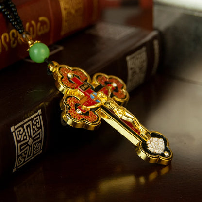 Collier crucifix orthodoxe en bois avec chapelet – bijou religieux