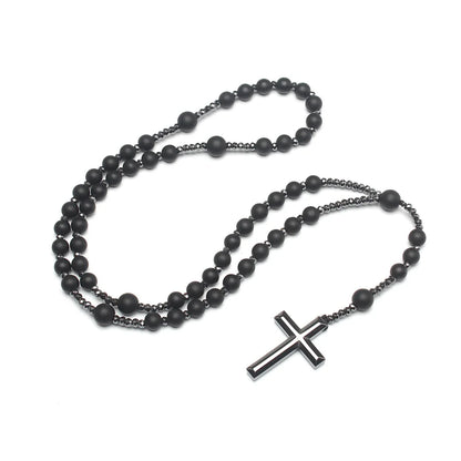 Collier chapelet œil-de-tigre et hématite avec croix – bijou religieux unisexe