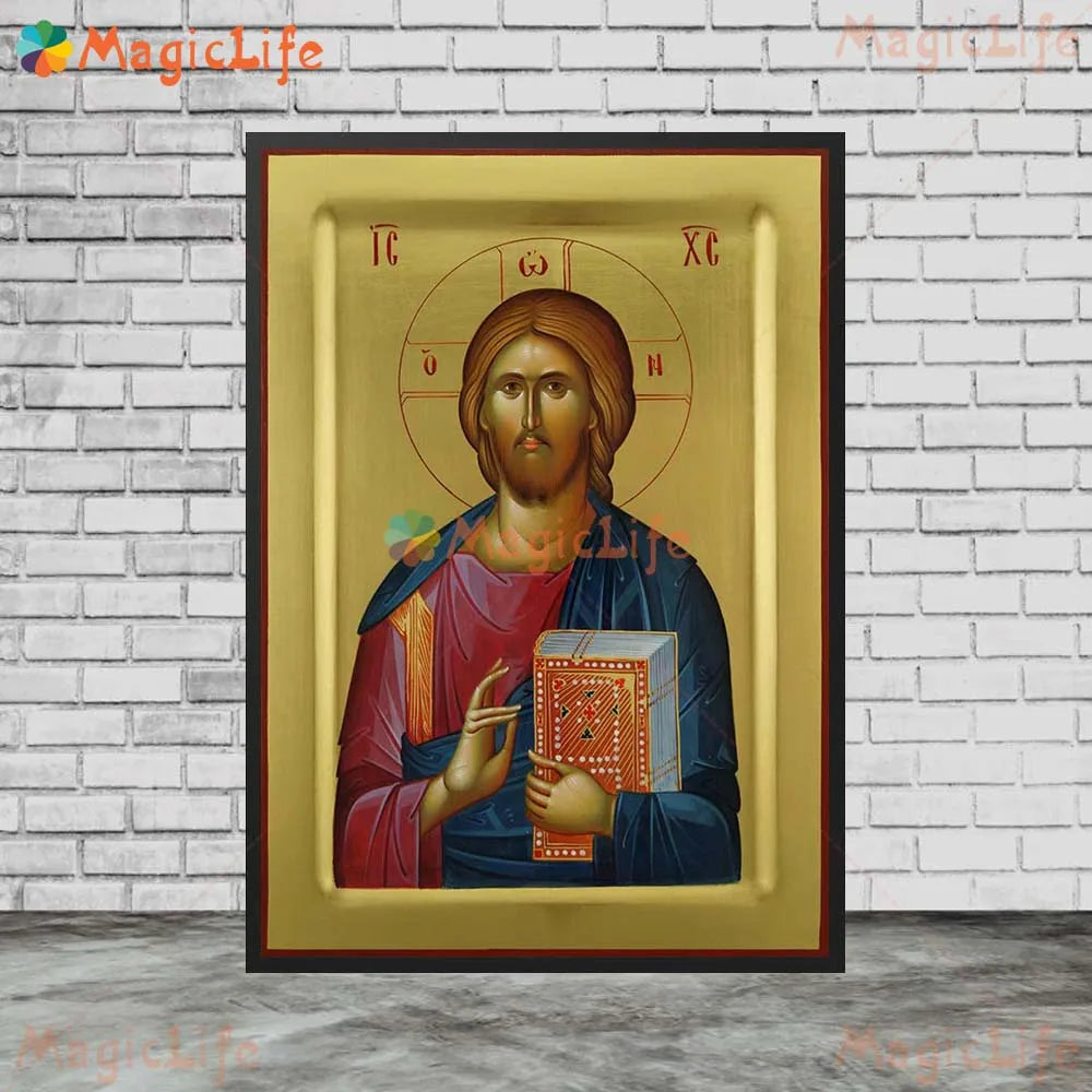 Icône religieuse du Christ Pantocrator – Tableau orthodoxe sur toile sans cadre pour église et décoration murale