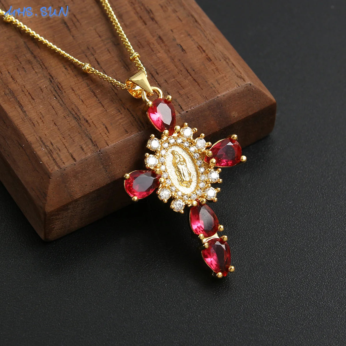 Virgin of Guadalupe Cross Necklace with Zircon – Unisex Catholic Jewelry