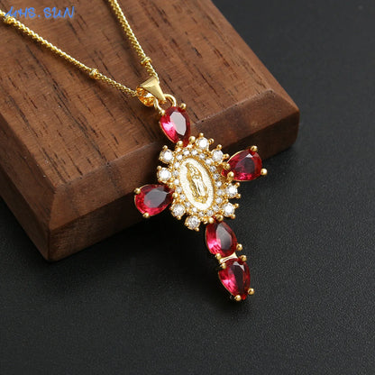 Virgin of Guadalupe Cross Necklace with Zircon – Unisex Catholic Jewelry