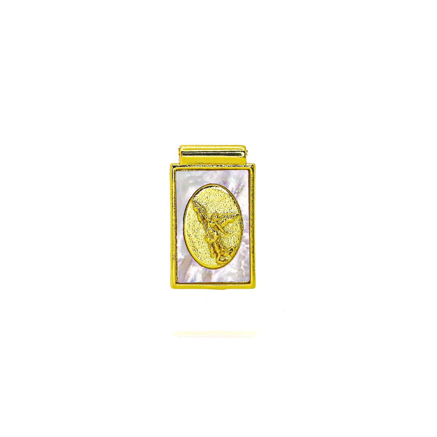 Pendentif Archange Saint Michel Doré – Médaille Religieuse Catholique avec Bord Coquillage et Zircons