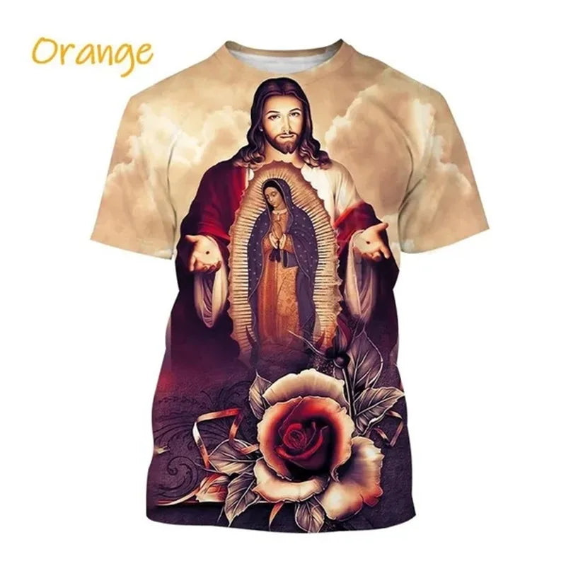 T-Shirt Vierge Marie & Jésus – Impression 3D, Unisexe, Oversize