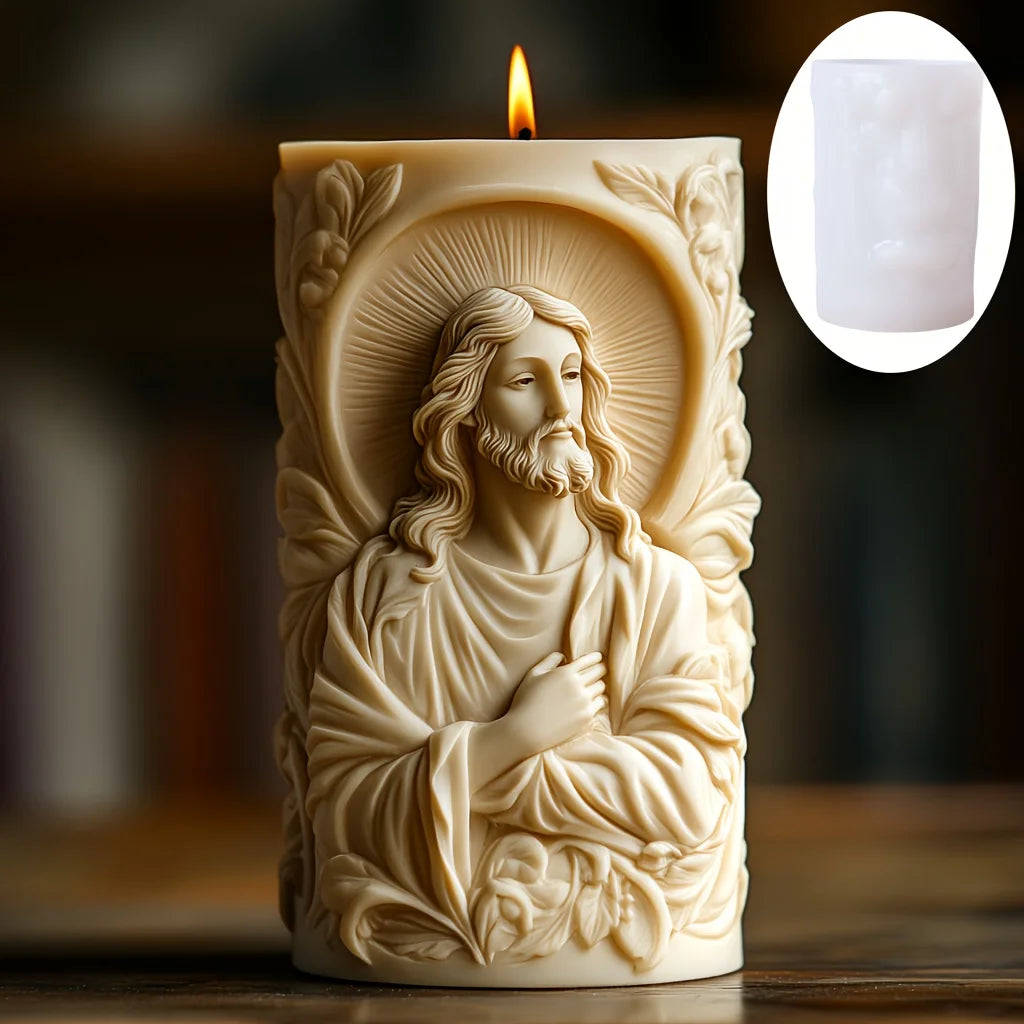 Prayer Jesus Relief Cylinder Moule Bougie Jésus en Silicone – Relief Chrétien – Moule Cylindre Prière pour Cire, Résine & PlâtreCandle Silicone Mold Flower Jesus Statue Relief Resin Mould Jesus Sculpture Concrete Gypsum Molds