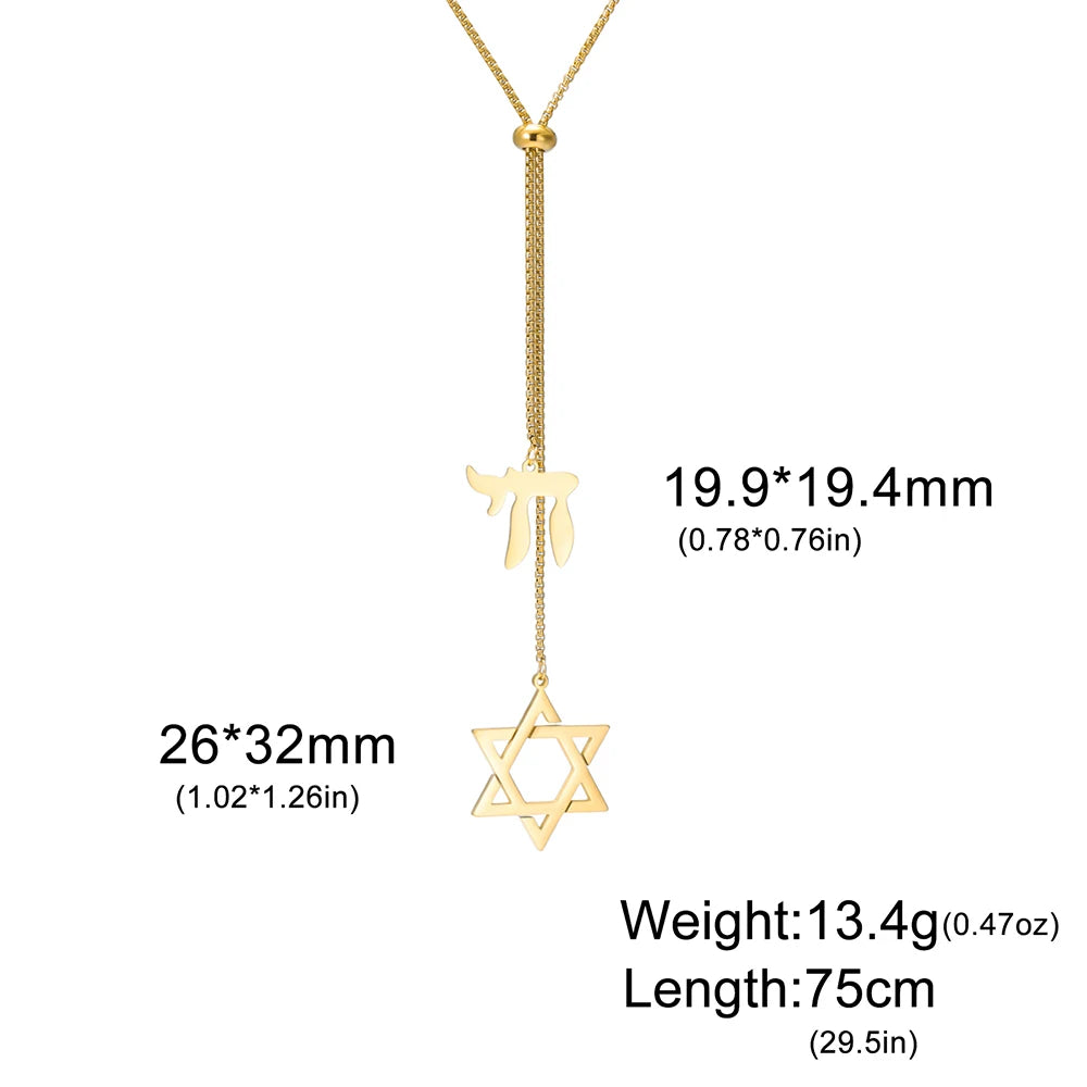 Long Star of David and Chai Pendant Necklace – Stainless Steel Jewish Jewelry