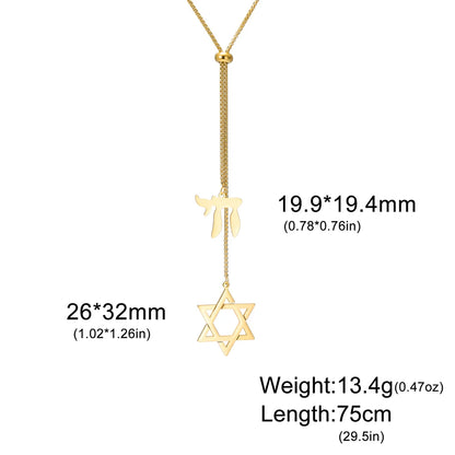 Long Star of David and Chai Pendant Necklace – Stainless Steel Jewish Jewelry