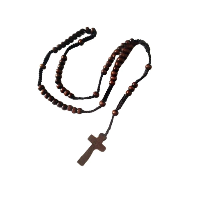 Collier chapelet en perles de bois avec croix – décoration religieuse