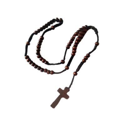 Collier chapelet en perles de bois avec croix – décoration religieuse