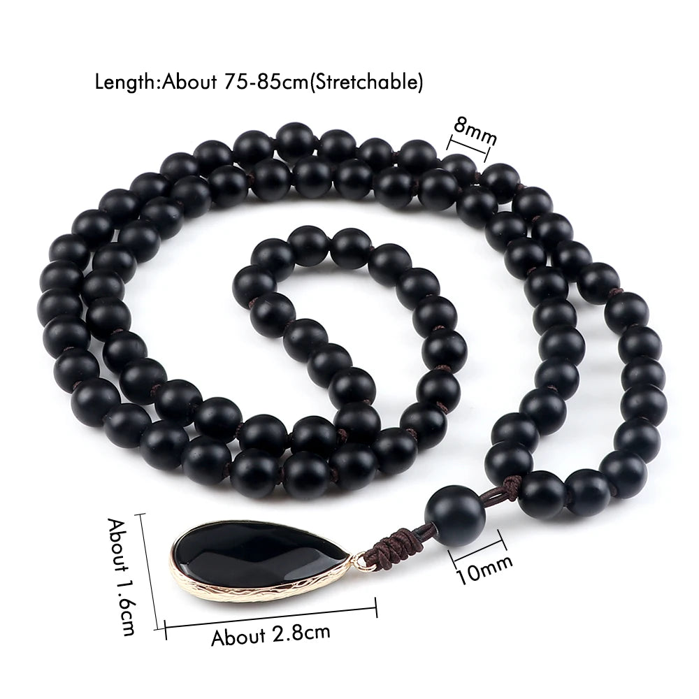 Matte black onyx bead necklace with drop pendant - unisex meditation jewelry