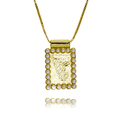 Pendentif Archange Saint Michel Doré – Médaille Religieuse Catholique avec Bord Coquillage et Zircons