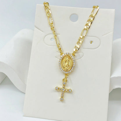 Collier Vierge Marie et croix plaqué or – bijou religieux unisexe