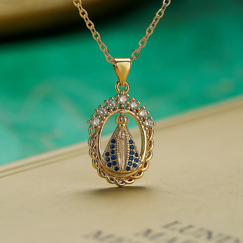 NEWBUY Hochwertiger Damenschmuck religiöser Art aus Kupfer mit Zirkonia-Einlage, Jungfrau-Maria-Anhänger, Edelstahlhalskette