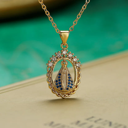 NEWBUY Hochwertiger Damenschmuck religiöser Art aus Kupfer mit Zirkonia-Einlage, Jungfrau-Maria-Anhänger, Edelstahlhalskette