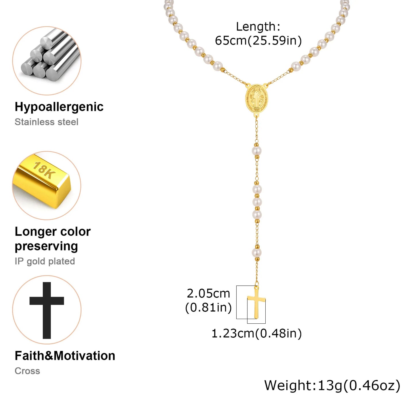 Rosenkranz-Halskette mit Perlen und Jungfrau Maria mit Kreuz – religiöser Schmuck für Damen