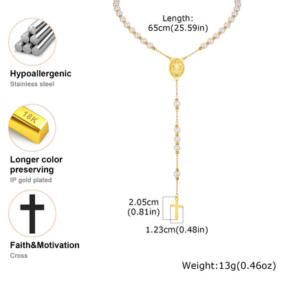 Rosenkranz-Halskette mit Perlen und Jungfrau Maria mit Kreuz – religiöser Schmuck für Damen