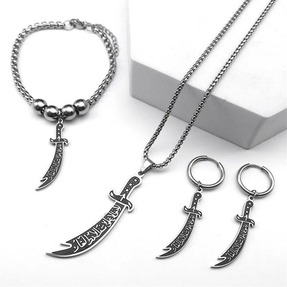 Bijoux islamiques sabre Zulfiqar en acier inoxydable – Collier, bracelet et boucles d’oreilles