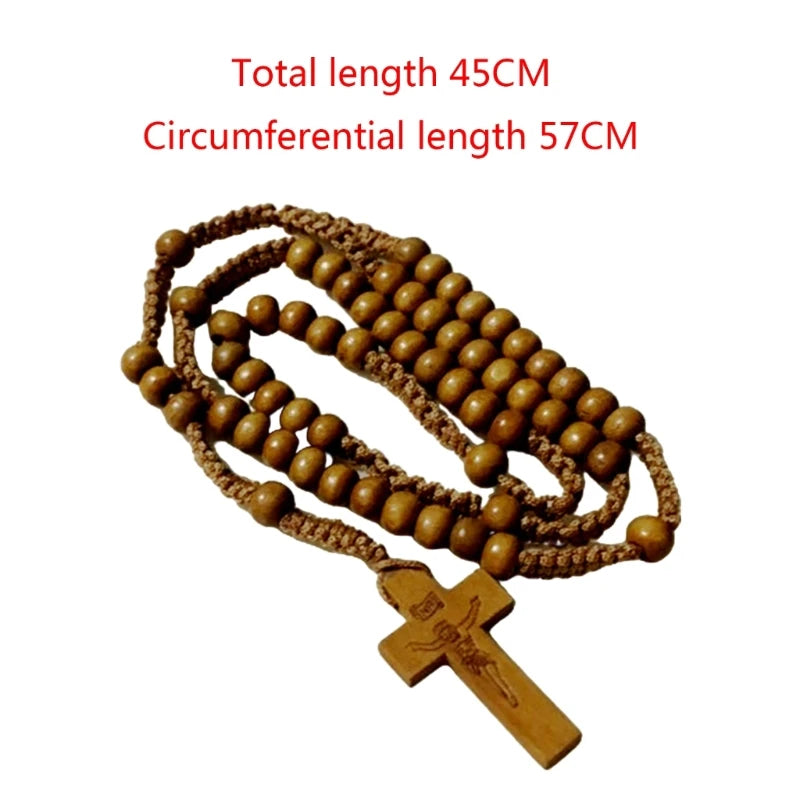Collier chapelet en perles de bois avec croix – décoration religieuse