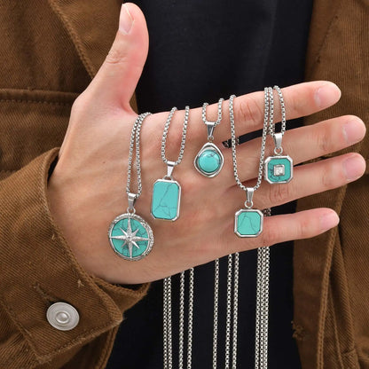 Collier Pendentif Pierre Turquoise & Boussole – Acier Inoxydable Homme