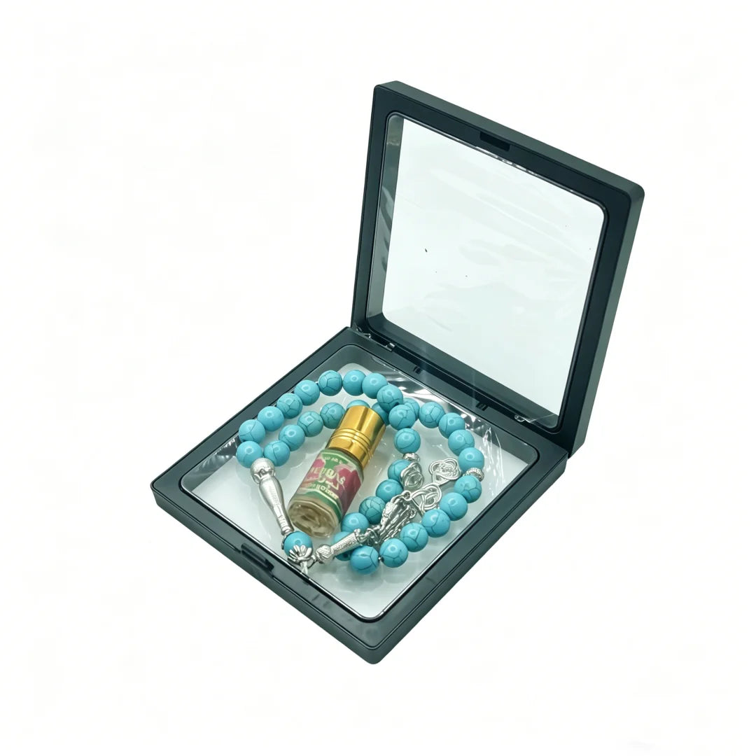 Pack Premium Tasbih Islamique 33 Perles – Coffret de Prière avec Huile Parfumée