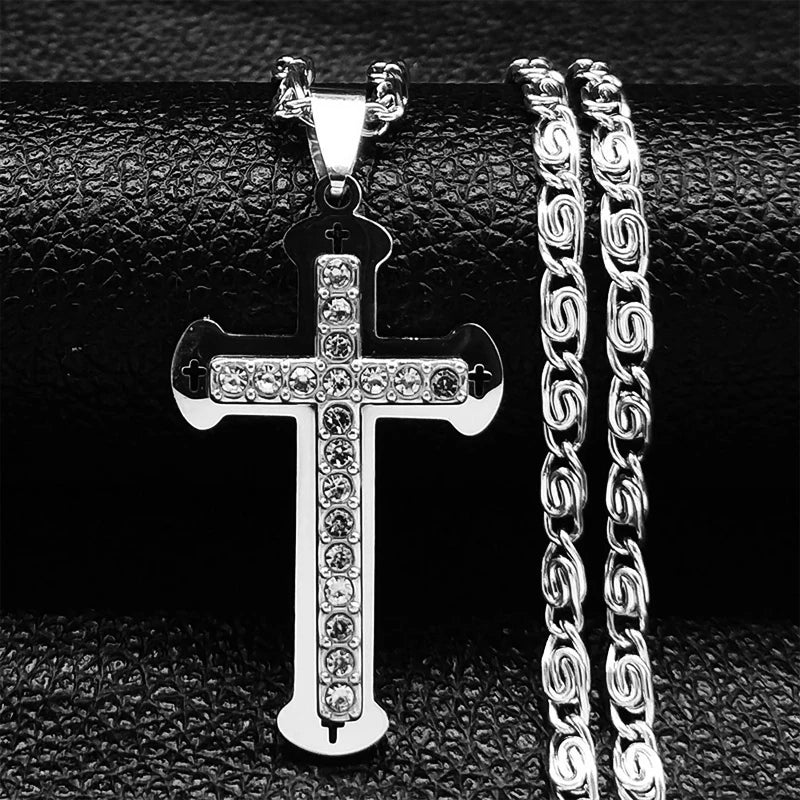 Collier catholique doré avec pendentif croix en cristal – Acier inoxydable, femme et homme