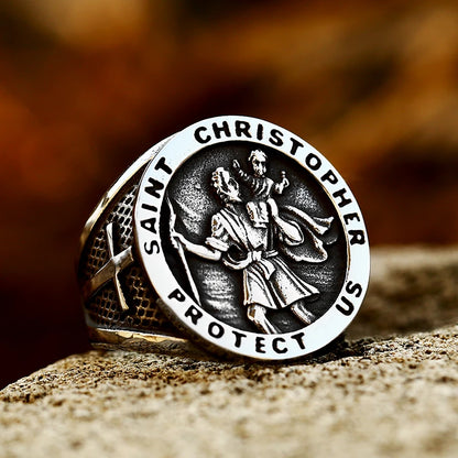 Bague Saint Christophe et Saint Michel en acier inoxydable – bijou religieux pour homme