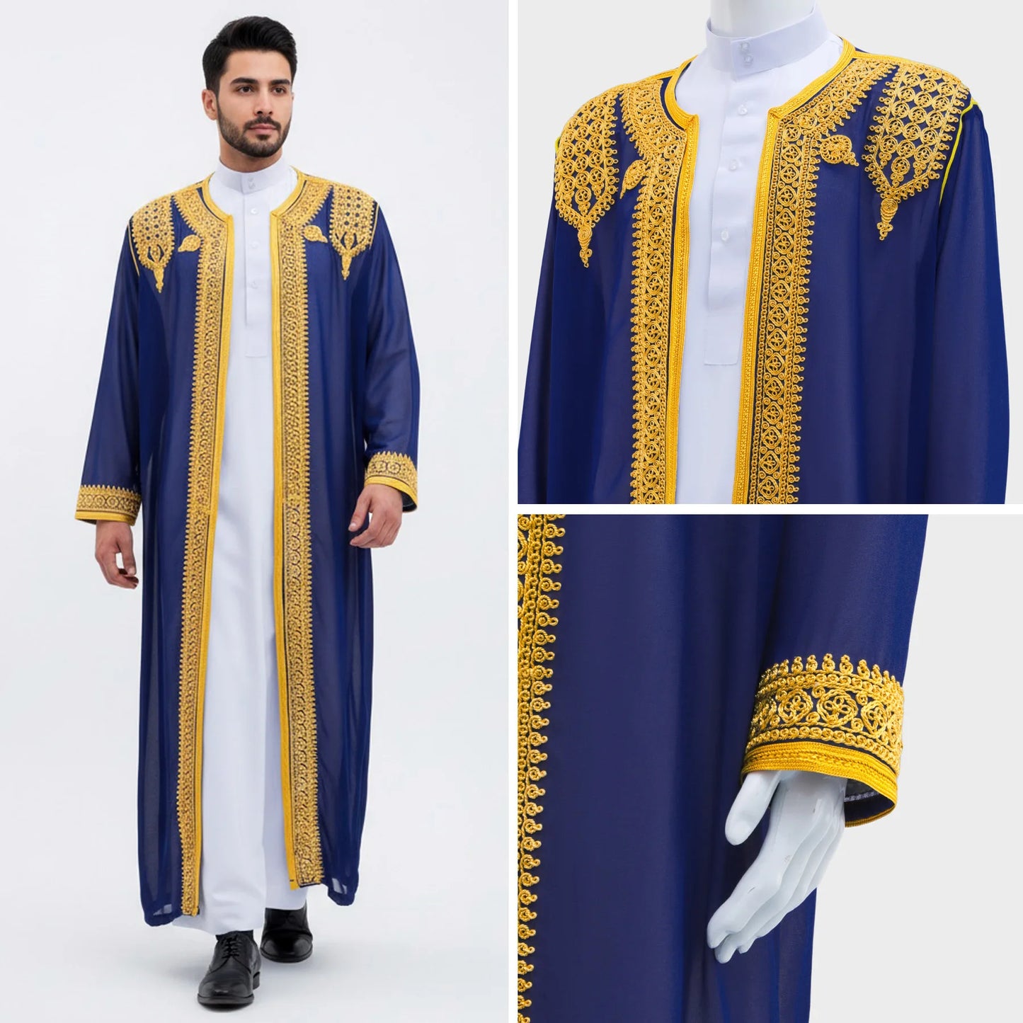 Thobe arabe long brodé or – robe traditionnelle homme style Moyen-Orient